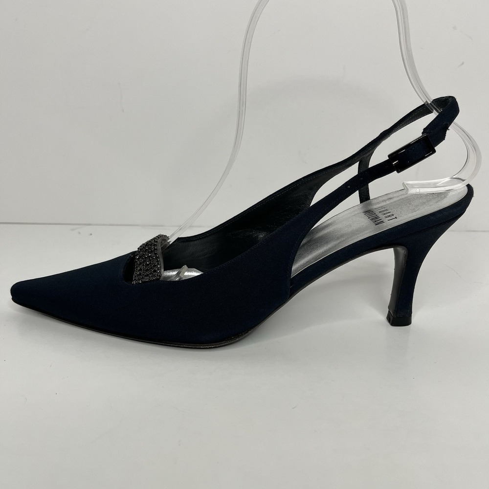 Stuart Weitzman Womens Satin Navy Blue Slingback Kitten Heels 6.5 Formal Party